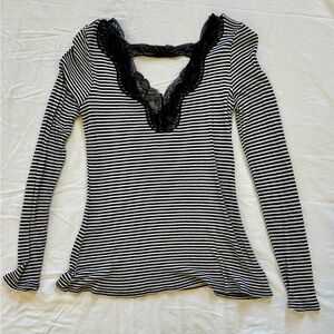 Jessica Simpson Medium Striped Black and White Lace Trim Top